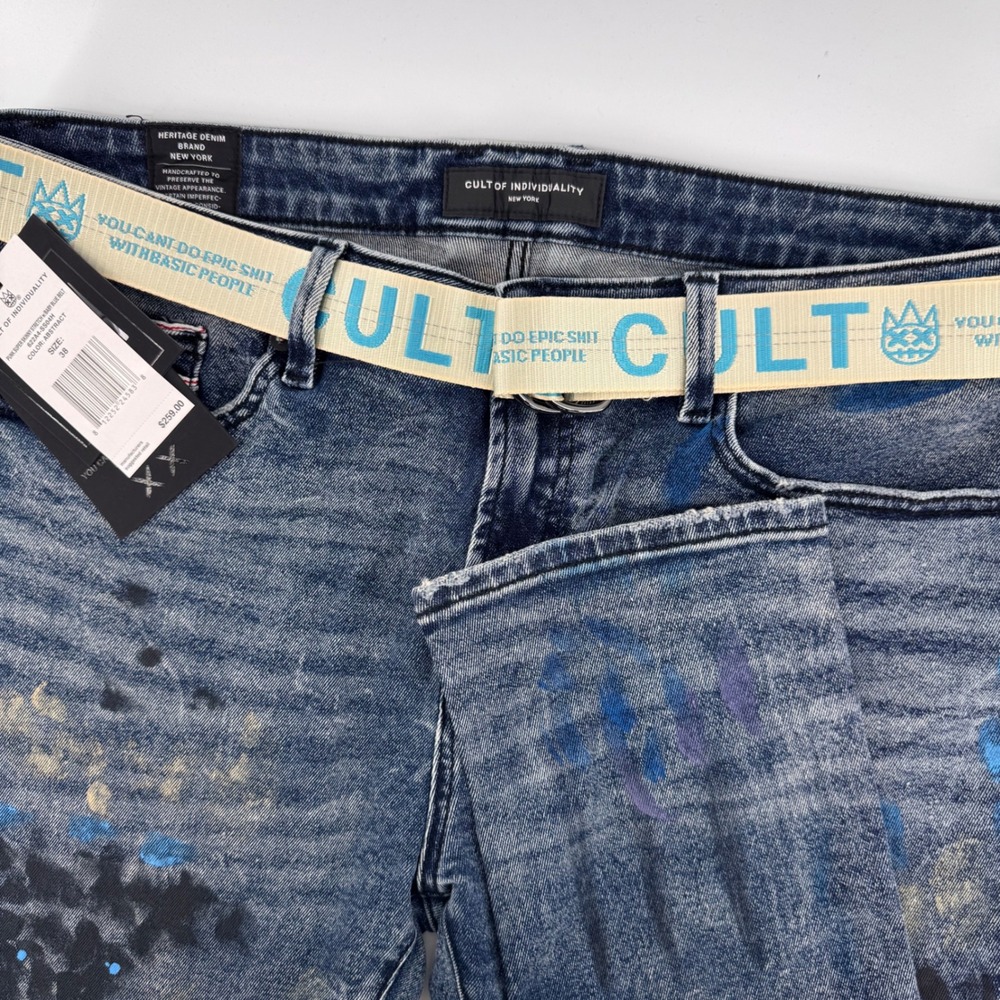 Cult of Individuality Punk Super Skinny‎ Jeans Mens 38 Blue Abstract Paint Belt
